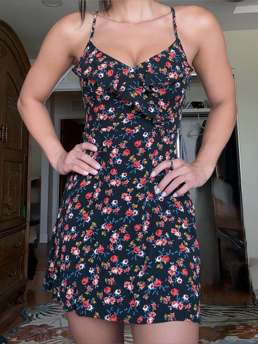 Socialite floral mini dress with red, white, and yellow flowers